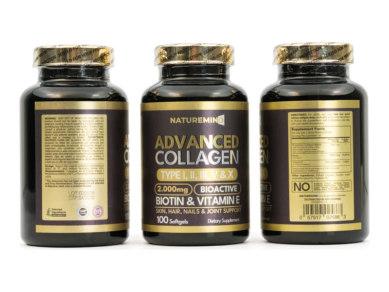 Advanced Collagen 2000 mg NatureMind: frente, información nutricional y reverso del frasco