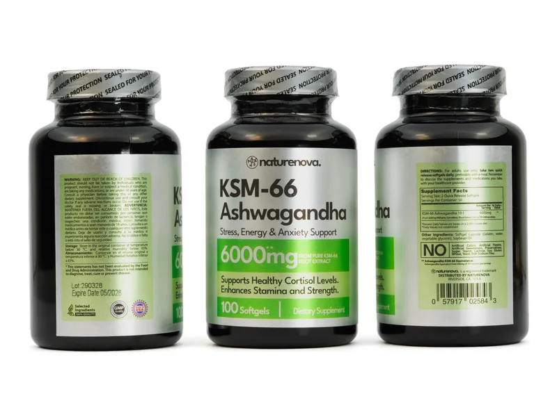 Ashwagandha KSM-66 6000 mg NatureNova: frente, información nutricional y reverso del frasco