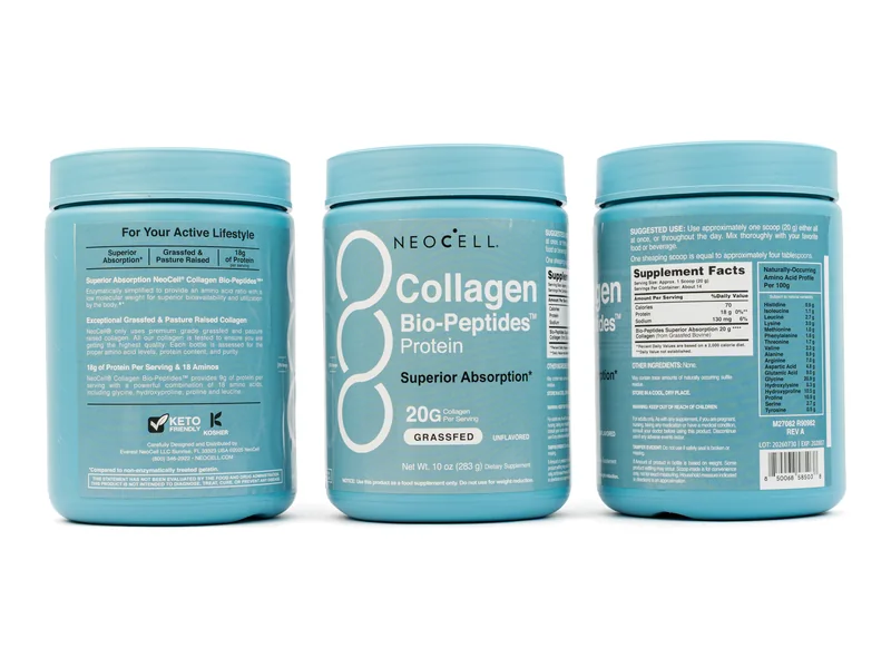 Colágeno Bio-Péptidos 20 g NeoCell: frente, información nutricional y reverso del frasco