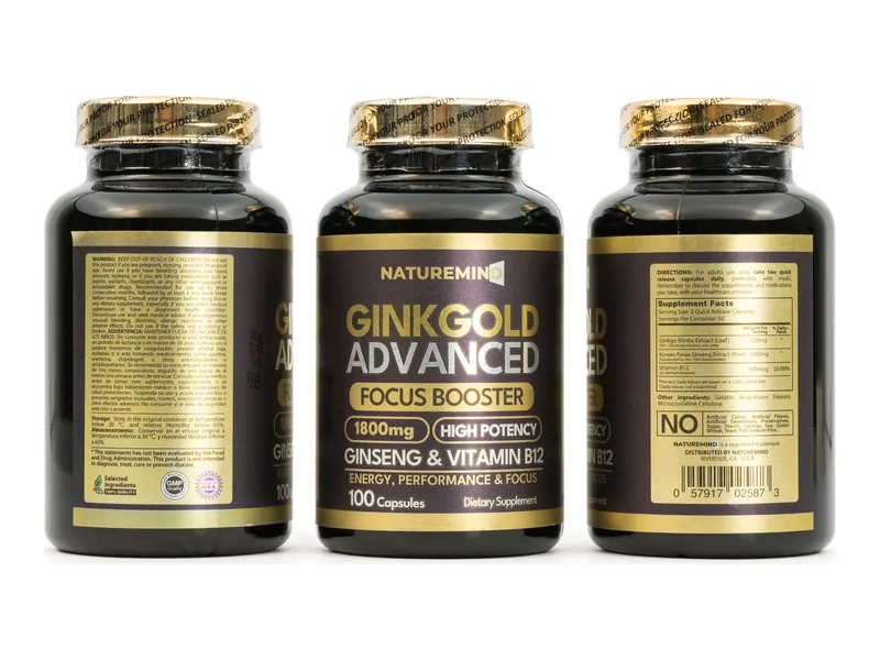 Ginkgold Advanced 1800 mg NatureMind: frente, información nutricional y reverso del frasco