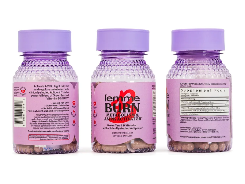 Lemme Burn 450 mg Lemme: frente, información nutricional y reverso del frasco