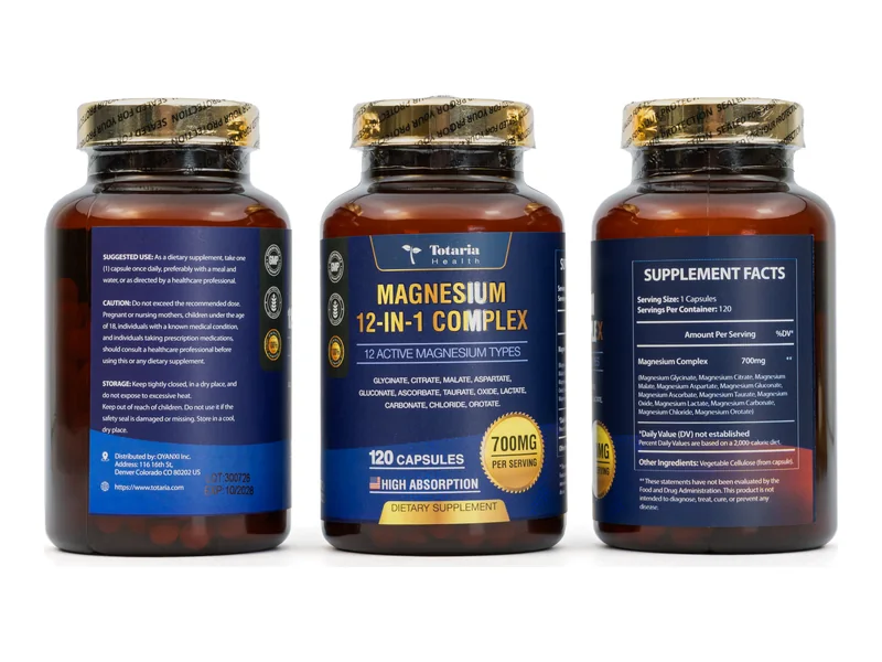 Magnesio 12 en 1 700 mg Totaria: frente, información nutricional y reverso del frasco