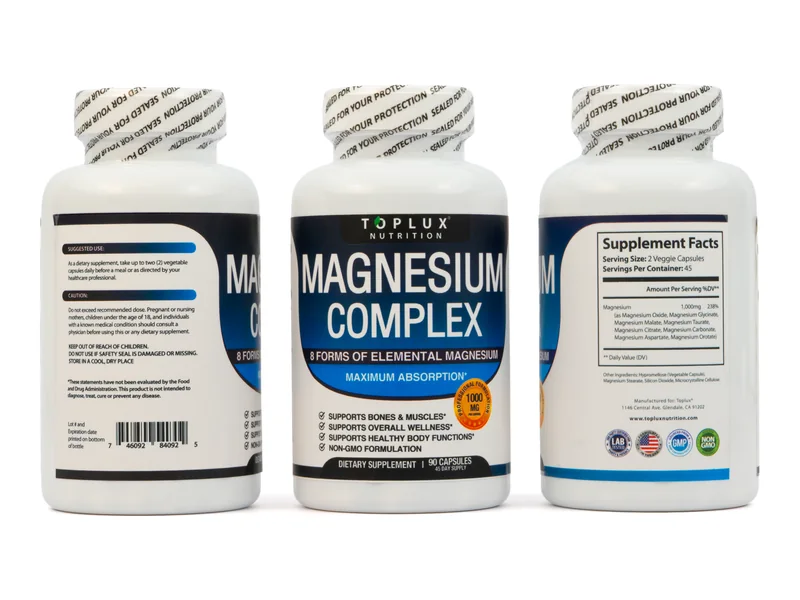 Magnesium Complex 1000 mg Toplux: frente, información nutricional y reverso del frasco