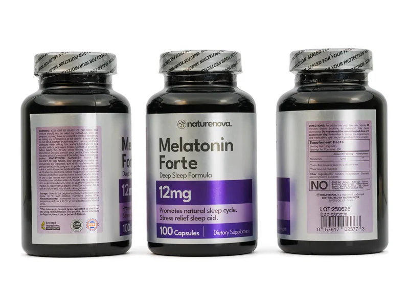 Melatonina Forte 12 mg NatureNova: frente, información nutricional y reverso del frasco