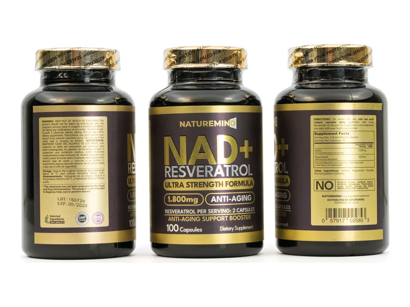 NAD+ Resveratrol 1800 mg NatureMind: frente, información nutricional y reverso del frasco