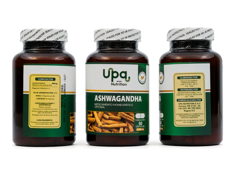 Ashwagandha 6CH 500 mg UPA Nutrition: frente, información nutricional y reverso del frasco