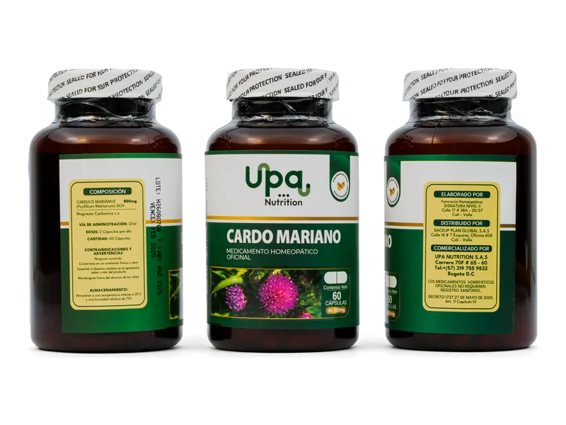 Cardo Mariano 6CH 500 mg UPA Nutrition: frente, información nutricional y reverso del frasco