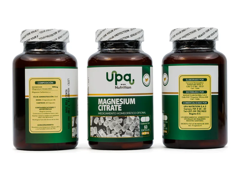 Citrato de Magnesio 6CH 500 mg UPA Nutrition: frente, información nutricional y reverso del frasco