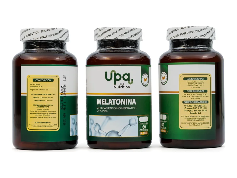 Melatonina 6CH 500 mg UPA Nutrition: frente, información nutricional y reverso del frasco