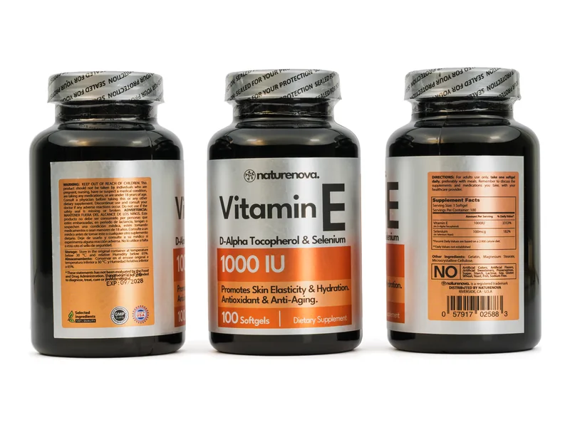Vitamina E + Selenio 1000 IU NatureNova: frente, información nutricional y reverso del frasco